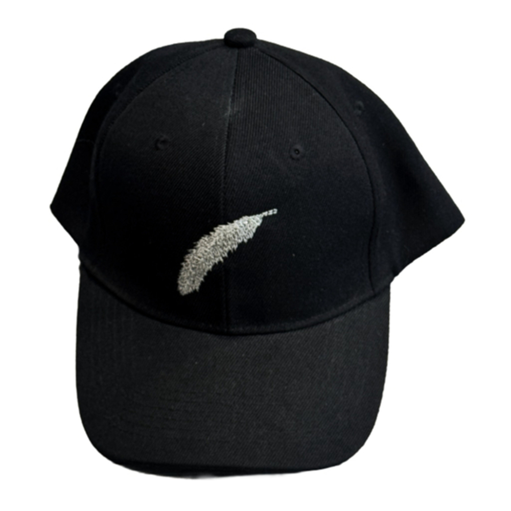Black Velcro Closure Hat with Light Gray Embroidered Feather
